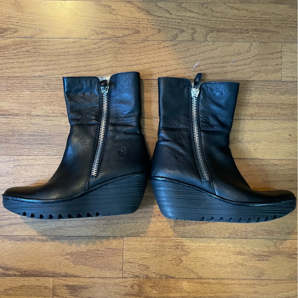 Fly London Black Leather Wedge Boots, new never used with original box